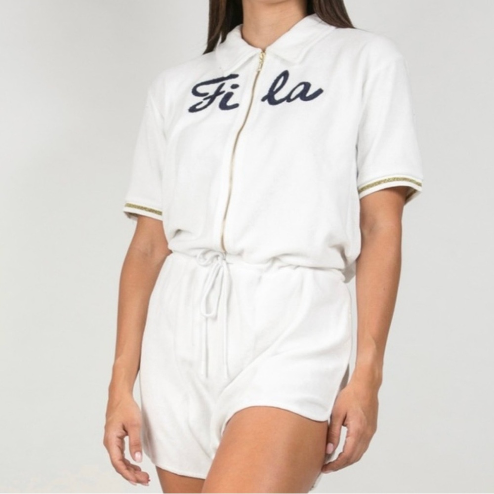 FILA White Romper with Navy Script and Gold Trim